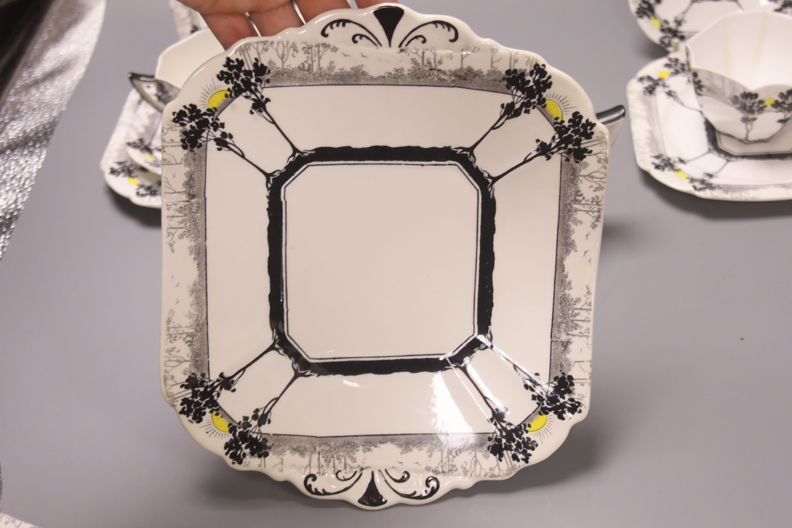 A Shelley Art Deco 'Sunrise and Tall Trees' pattern tea set